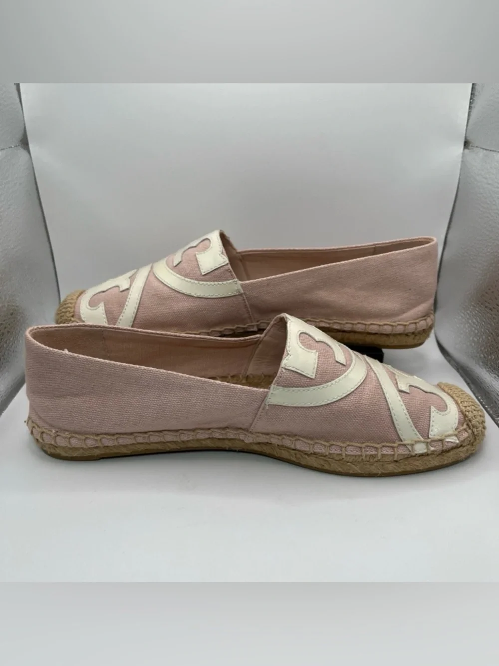 Tory Burch Ines Espadrille Poppy Pink Canvas Patent Leather Logo Flats Womens 7M